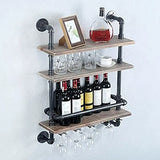 Industrial Pipe Shelf Wine Rack Wall Mounted with Stem Glass Holder 3-Tiers Rustic Floating Bar Shelves Wine Shelf Bar Cabinet