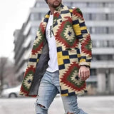 Men Woolen Coat Jacket Fashion Striped Geometric Print Young Mens Clothes Autumn Winter Single Breasted Pocket Overcoat Outwear