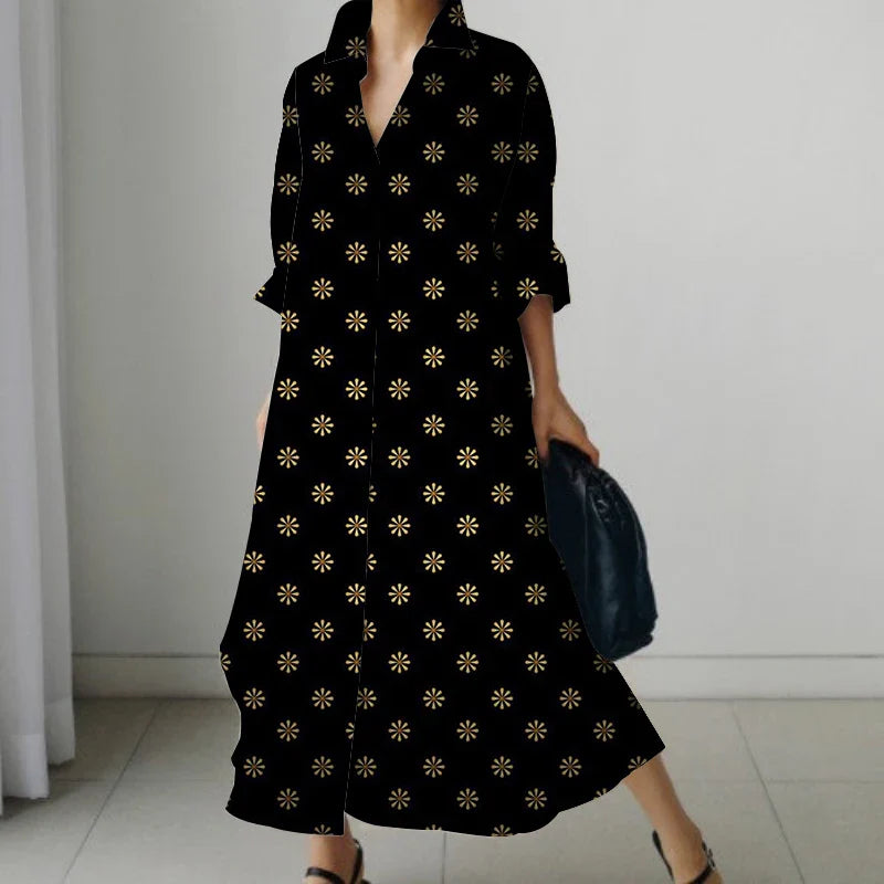 2023 Dress Summer Polka Dot Women's Small Flower Shirt Dress Bohemian Style Midi High Waist Vacation Office Fall Clothing