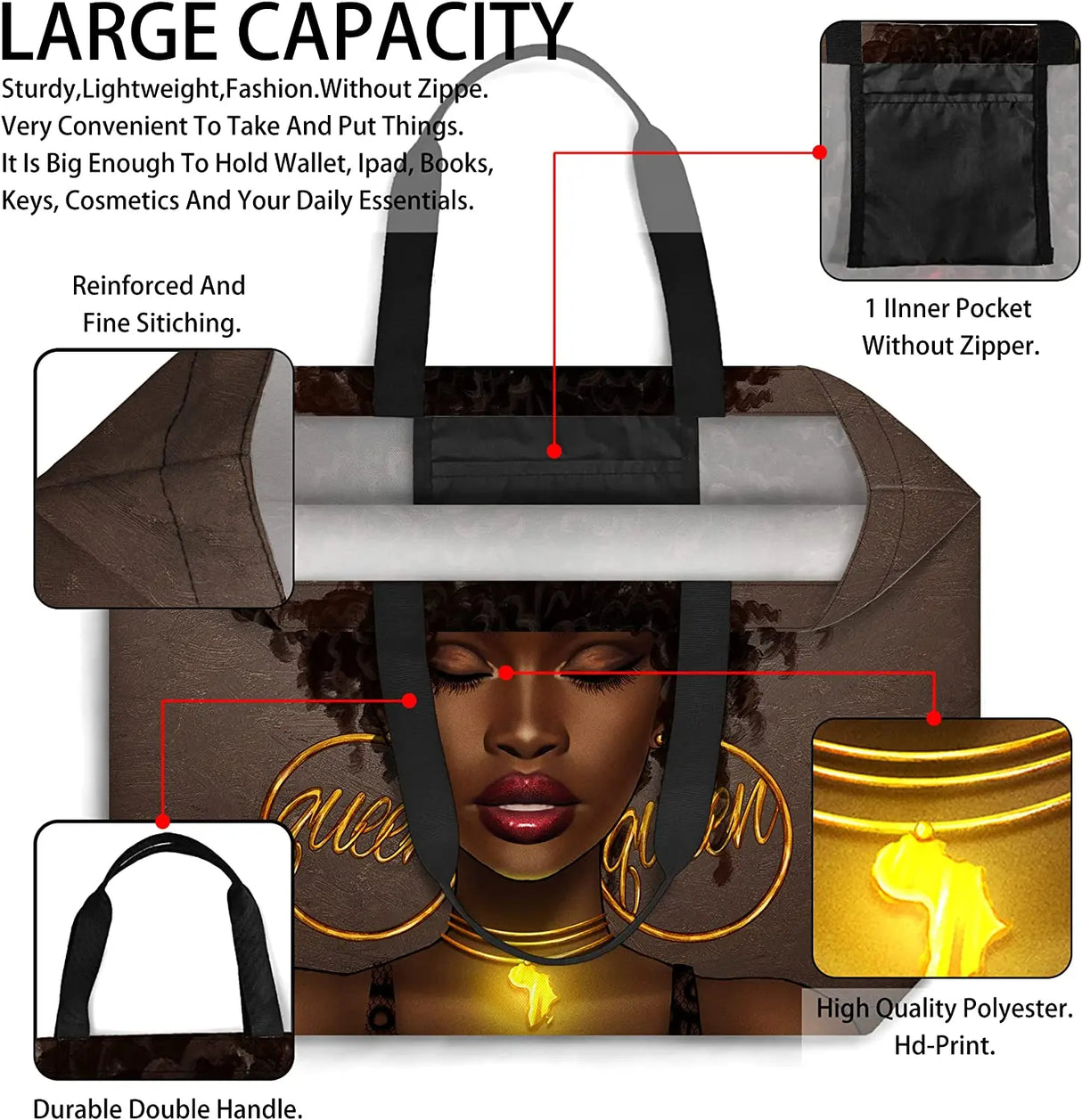 Women Tote Bags African American Women Satchel Handbags Black Girl Magic Shoulder Bag Large Capacity For Gym Travel Shopping