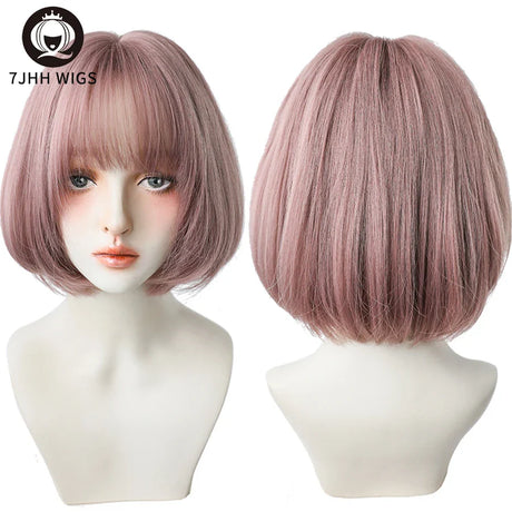 7JHH WIGS Black Short Bob Wig for Girl Daily Wear Synthetic Wig New Style Natural Supple Summer  Heatresistant Wig With Bangs