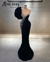 5 Designs Velvet Handmade Crystals Evening Dress for Dinner Dubai Navy Blue Long Prom Gowns Formal Wedding Party Dresses