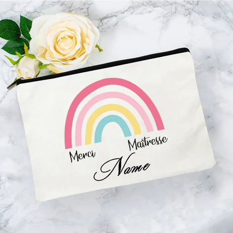 White Personalized Name Bag woman rainbow print Makeup Bag Storage Pouch Toiletries storage Cosmetic Pocket Gift for teachers