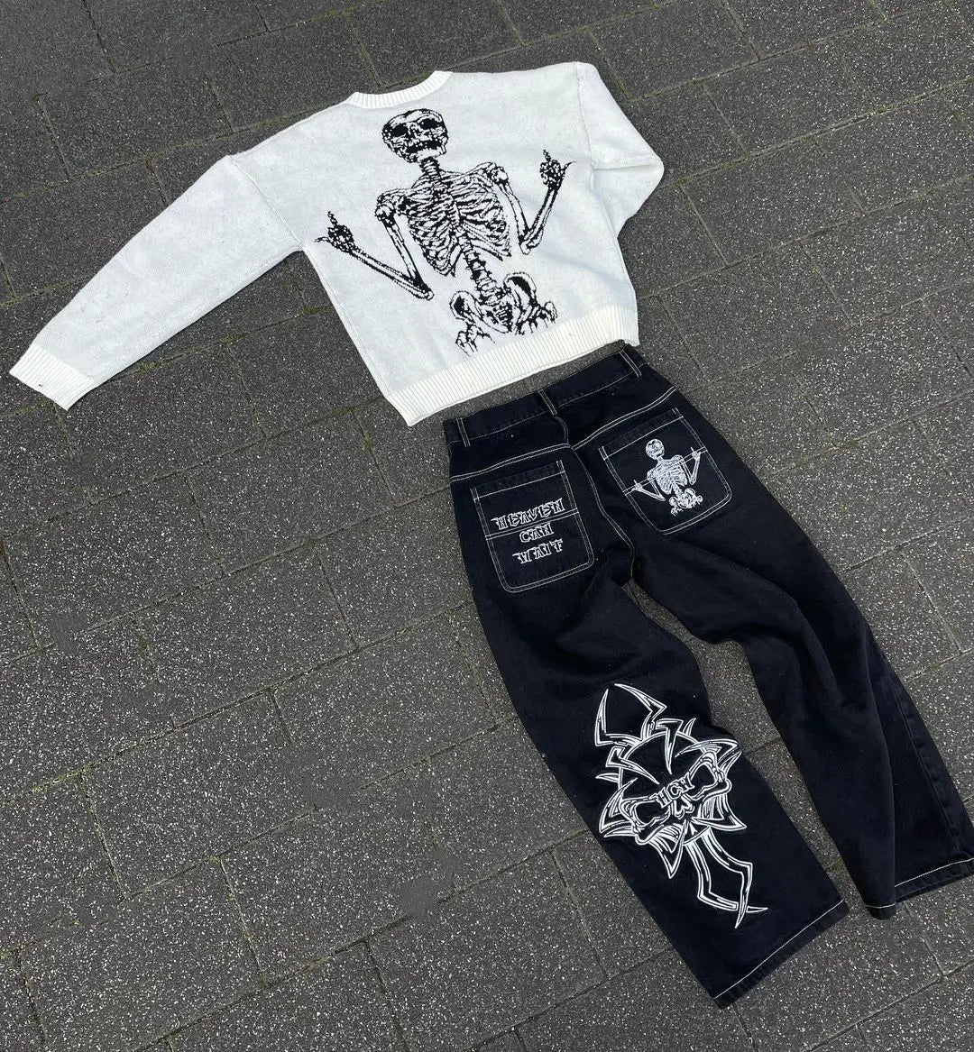 Y2K Jeans Mens Hip Hop Retro Skull Embroidery Washed Baggy Denim Pants New Straight Casual Loose Wide Leg Trouser Streetwear