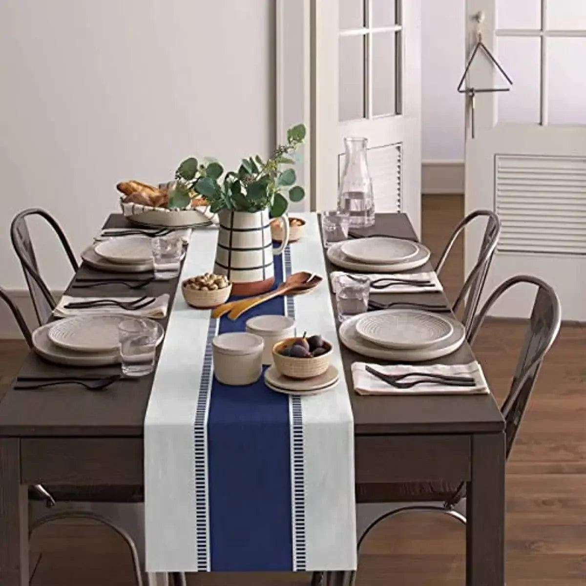 Navy Blue Stripes Linen Table Runners Dresser Scarves Decor Farmhouse Washable Table Runners for Dining Table Wedding Decoration