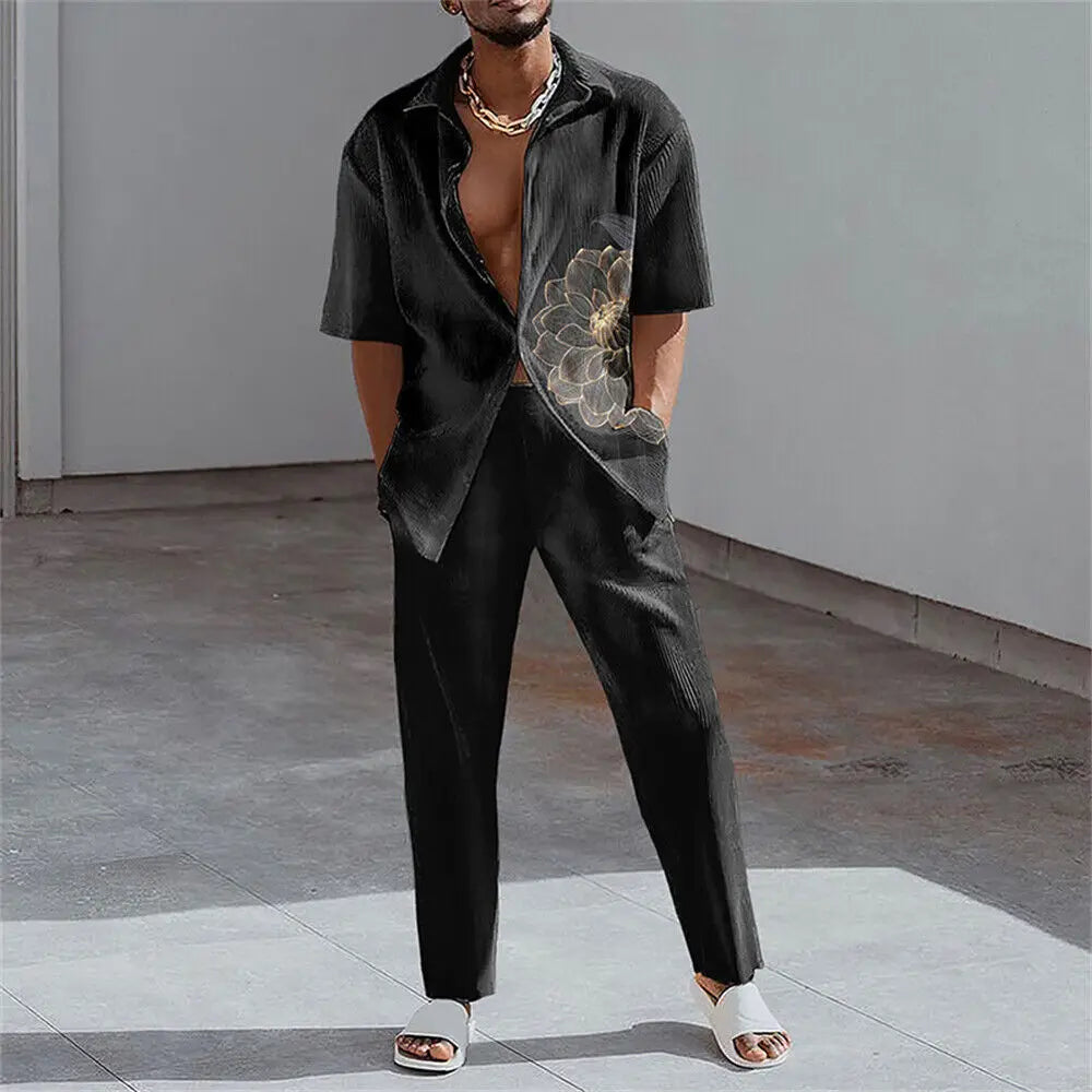 2023 Fashion 3D Print Two Piece Set Men Summer Short Sleeve Lapel Shirts Top And Pants Casual Suit Streetwear Mens Outfit