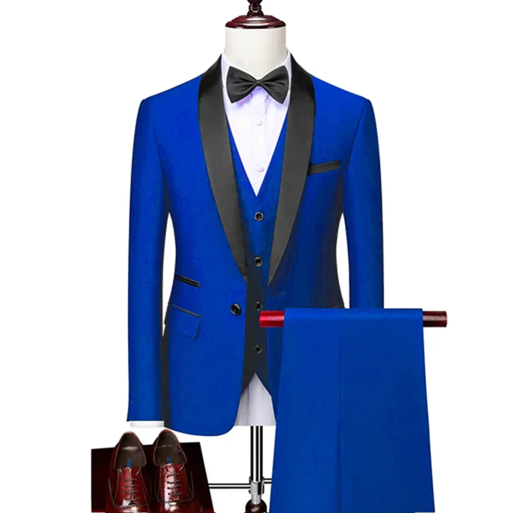 Men Skinny 3 Pieces Set Formal Slim Fit Tuxedo Prom Suit / Male Groom Wedding Blazers High Quality Dress Jacket Coat Pants Vest