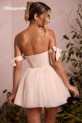 Allingentle Blush Pink Off Shoulder Homecoming Dresses 2024 Button Design A-Line Fairy Tulle Mini Gowns Backless Cocktail Dress