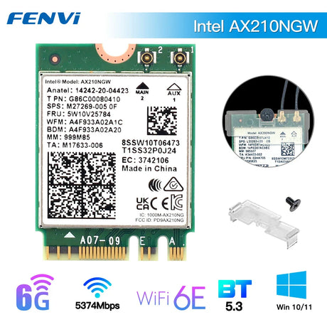 Tri Band WI-FI 6E AX210 M.2 NGFF 5374Mbps Wireless Network WiFi Card Intel AX210NGW 2.4G/5G/6Ghz 802.11ax Bluetooth5.3 Win 10/11