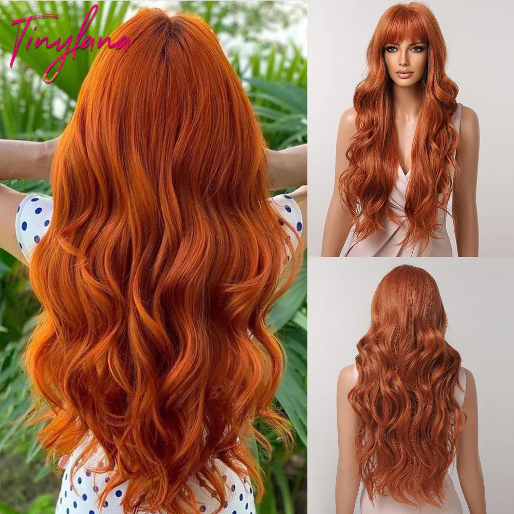 Long Curly Orange Brown Ombre Synthetic Wavy Wigs with Bangs Ginger Cosplay Party Wig for Women Afro Natural Hair Heat Resistant