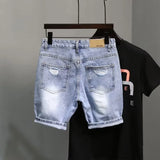 Men's Summer Blue Denim Shorts Brand Rotten Pockets Korean Fashion Slim Straight Wide Leg Beggar Jeans Shorts