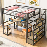 Full Size Metal Loft bed with Staircase, Built-in Desk and Shelves，Bedroom practical single bed for children, bunk bed for teen