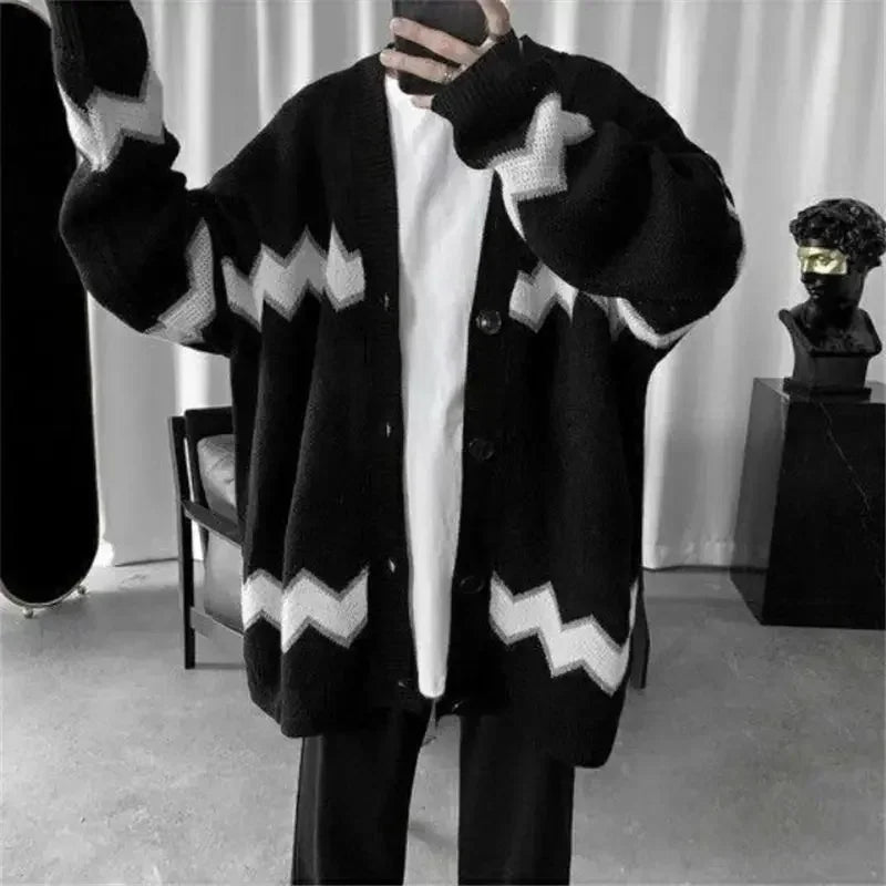 Man Clothes Long Graphic Knitted Sweaters for Men Black V Neck Cardigan Sweatshirts X Y2k Streetwear Loose Fit Free Shipping A S