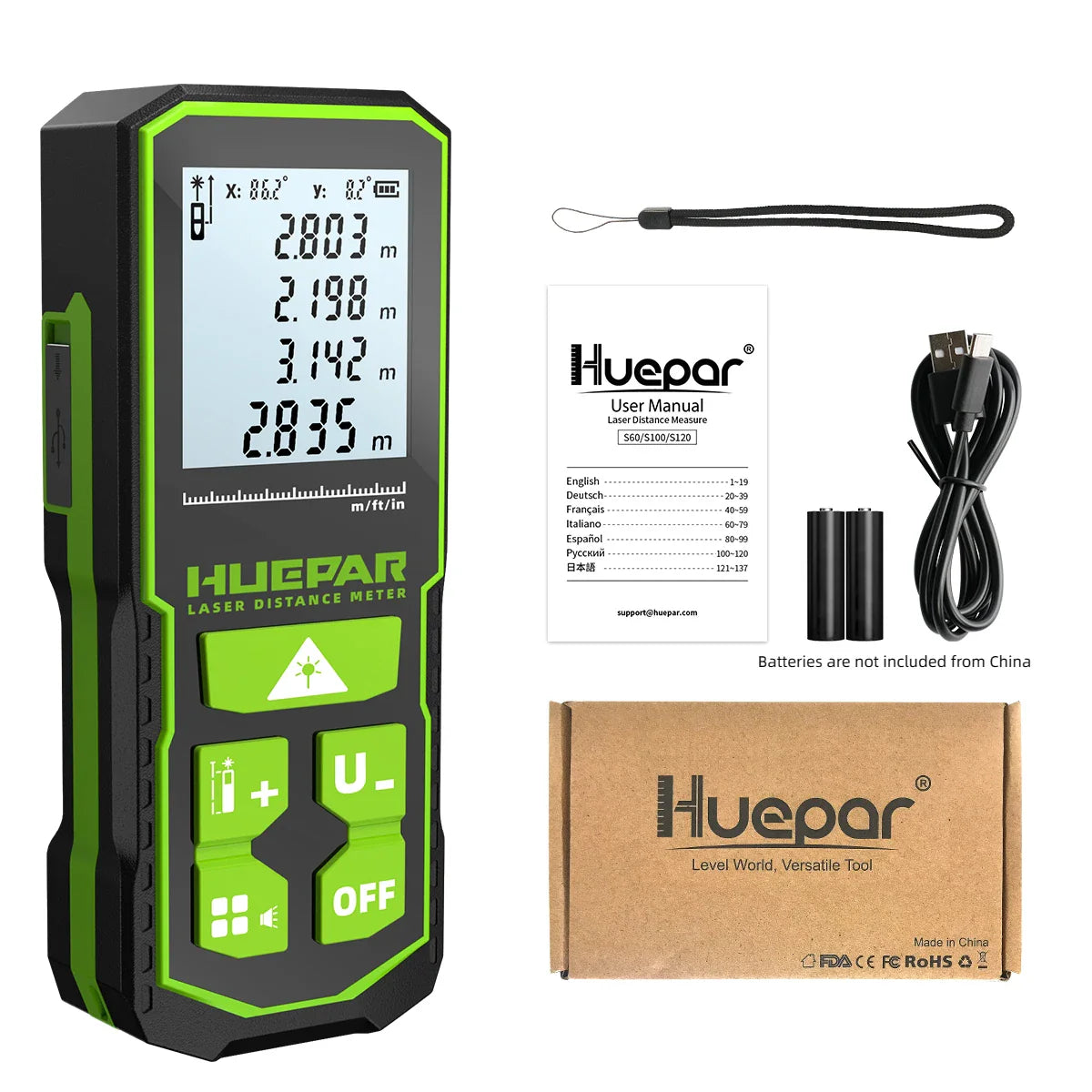 Huepar Laser Rangefinder Digital Tape Measure 60M 100M 120M Trena Laser Tape Range Finder Green Beem Digital Tape Measure