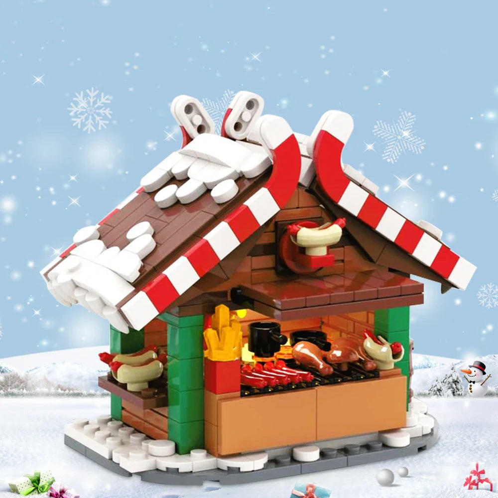 Gobricks MOC Winter Street View Christmas Grilling Stand Building Block set Hot Drinks Stands Tuk-Tuk Coffee Brick Kids Toy Gift