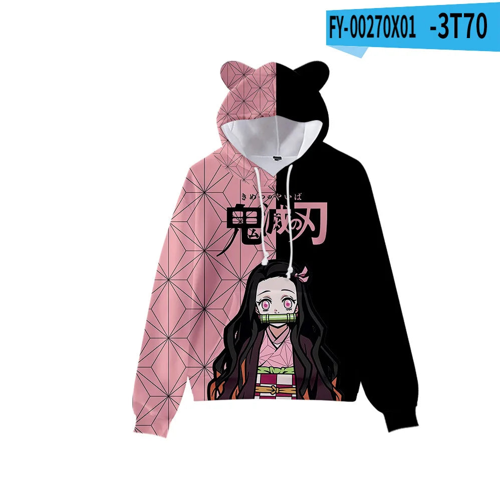 Anime Demon Slayer Hoodies Women Cat Ears Cartoon Sweatshirt Tops Kamado Nezuko 3D Harajuku Boys Girls Cosplay Costume Pullover