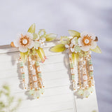 Chinese Hair Clips Girls Hanfu Hair Accessories Green Flower Hairpin Tassel Pearl Headpiece Ancient Party Barrette Head Jewelry