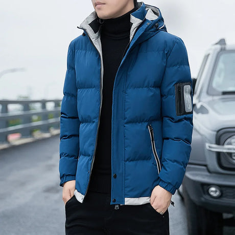 2024 Winter Korean Style Parkas Men's Puffer Jacket Long Sleeve Hooded Coats Bomber Jacket Thicker Warm Zipper Outerwear for Men