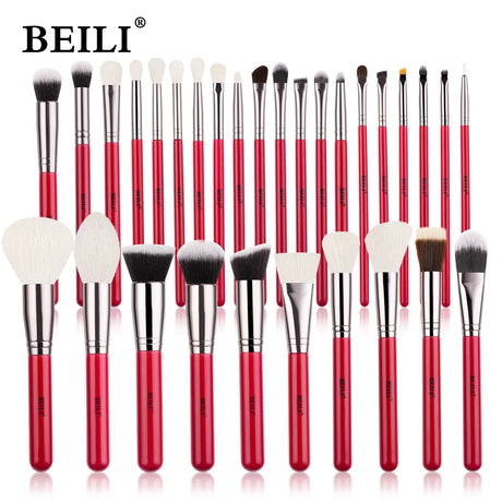 BEILI Red Eye Makeup Brushes Set Professional Natural hair Eyeshadow Foundation Powder Blush highlighter Brush Kit Make Up Tool