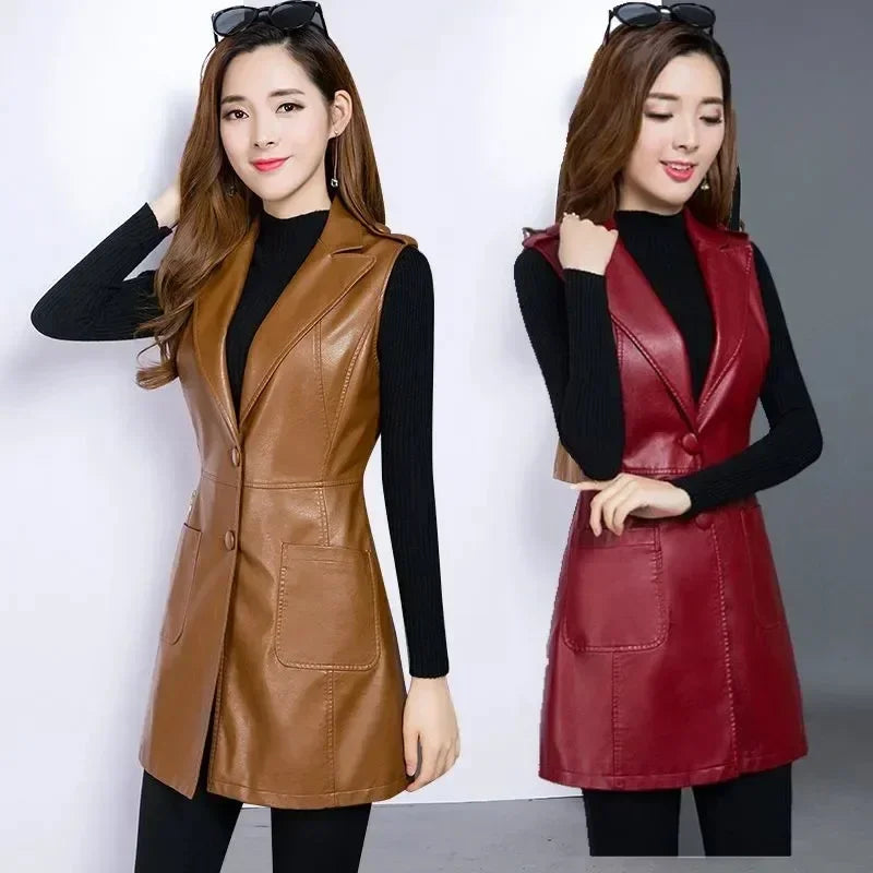 Faux Leather Vest Women's Clothing 2022 PU Autumn Jacket Korean Solid Sleeveless Vest Mid Long Coat Female Waistcoat Outerwear