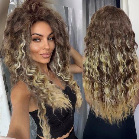 GNIMEGIL Synthetic Long Wave Wig for Woman Natural Brown Wig with Clip Free Part Side Bangs 80s Curly Wigs for Women Ombre Wig