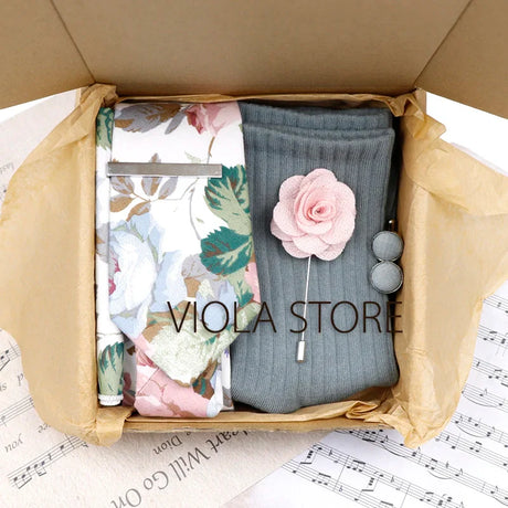 Viola Design 6PCS Gift Box Floral Solid Cotton Sock Tie Sets Clip Pin Cufflinks Hankie Men Wedding Party Daily Cravat Accessory