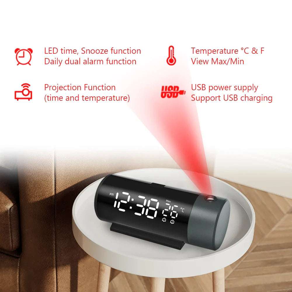 LED Digital Alarm Clock 180° Rotation Electronic Table Projector Watch Time Projection Bedroom Bedside Automatic Backlight Clock