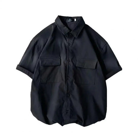 Male Cargo Shirt Lapel Half Sleeve Flap Pockets Casual Shirt Single Breasted Men Shirt Streetwear Summer Casual Top Men Clothing