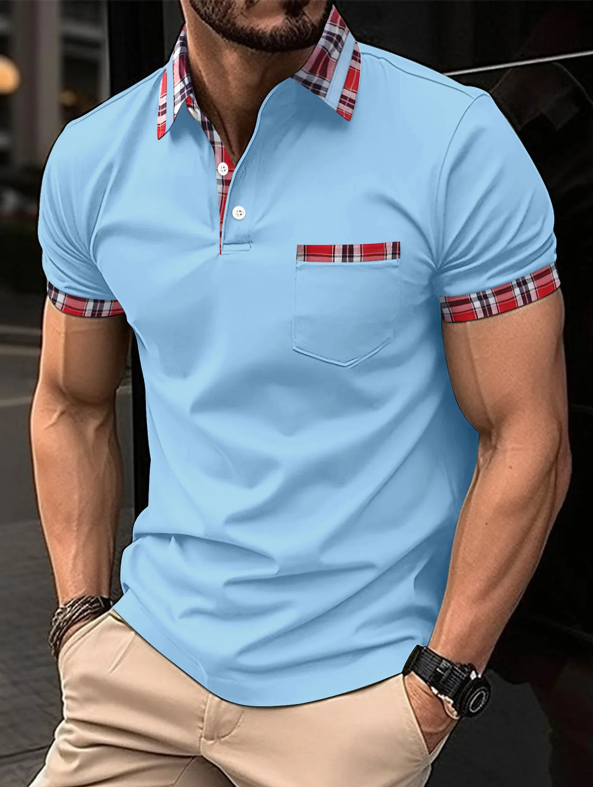 2023 Fashion Men's Short Sleeve Polo Shirt Man Plaid Collar POLO Tee Male Casual Collar T-Shirt Clothing