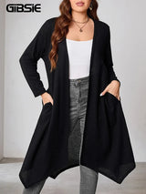 GIBSIE Plus Size Black Casual Long Cardigan Women Spring Fall Loose Long Sleeve Open Front Outwear Top Female with Pockets