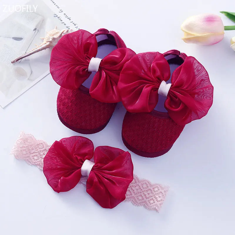 0~18M Cute Bowknot Newborn Baby Shoes Headband Set Anti Slip Toddler Infant First Walker Baby Girls Newborn Soft Sole Pink Shoes