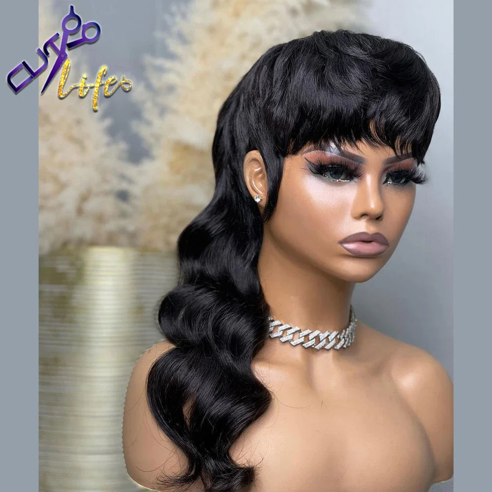 Mullet Wig Highlight Full Machine Made Wig With Bangs Wear And Go Brazilian Human Hair Wigs For Women 99j Short Pixie Cut Wigs