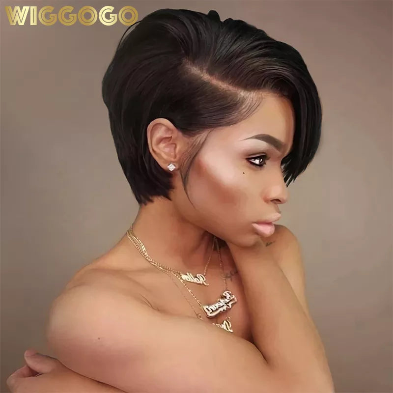 Wiggogo Pixie Cut Wig Human Hair Short Bob Wigs Side Part Straight Lace Front Wigs Glueless Hd Transparent Lace Frontal Wig