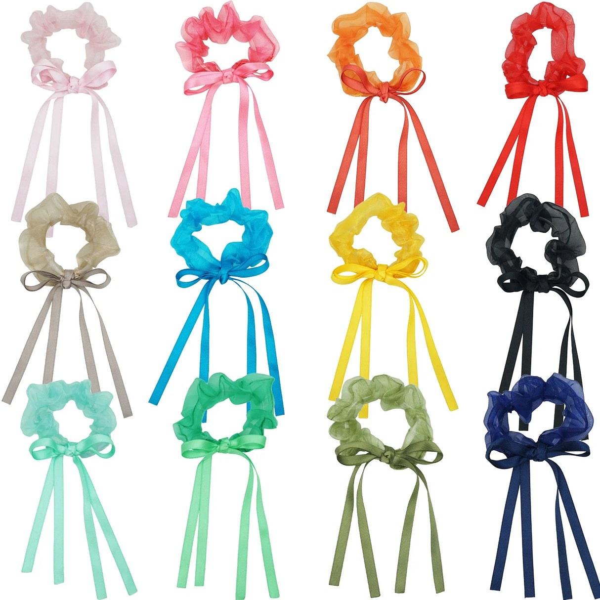 12Pcs Fairy Organza Hair Scrunchies with Ribbon Hair Bows Durable Hair Ties for Thick Hair Ponytail Holders Toddler Girls