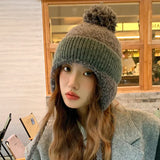 Women Pompom Ear Warmer Bonnet Fleece-lined Ear Protection Beanies Caps Knitted Hat Lace-up Winter Warm Thickened Ear Flap Hat