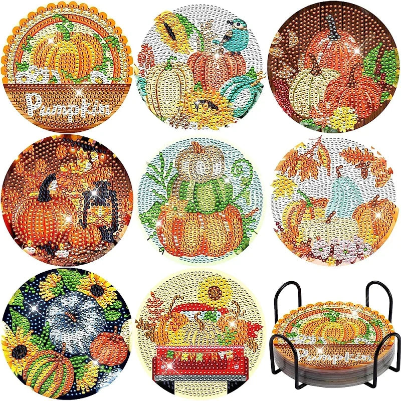 8Pcs DIY Diamonds Painting Coaster Animal Flower Non-slip Anime Art Mosaic Cup Cushion with Rack Rhinestones Paintings Decor