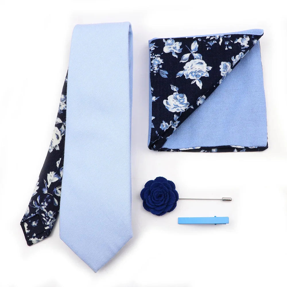 Two Side Floral Plaid Cotton Patchwork Tie Set Brooch Pin Clip Hankie Cufflink Ties Men Party Daily Shirt Cravat Gift Accessory