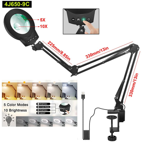 NEWACALOX 10X/5X Magnifier 5 Colors Illuminated Magnifying Glass Touch Control Table Lamp for Soldering Close Work RepairingTool