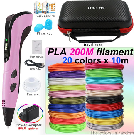 Kids' 3D Printing Pen Set with LED Display - Includes 200M PLA Filament, Power Adapter, and Storage Case - Perfect Gift for Christmas or Birthdays!