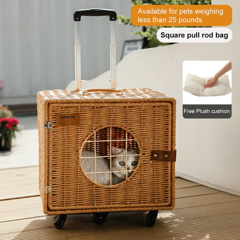 Manufacturer Direct Selling Large Space Pet Travel Carrier Bag Rattan Wicker On Wheels Stroller Trolley Pushchair