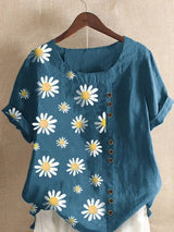 Plus Size Daisy-Print Cotton Linen Shirt Casual Summer Women O-Neck Short Sleeve Pullover Top Fashion Street Flower Blouse