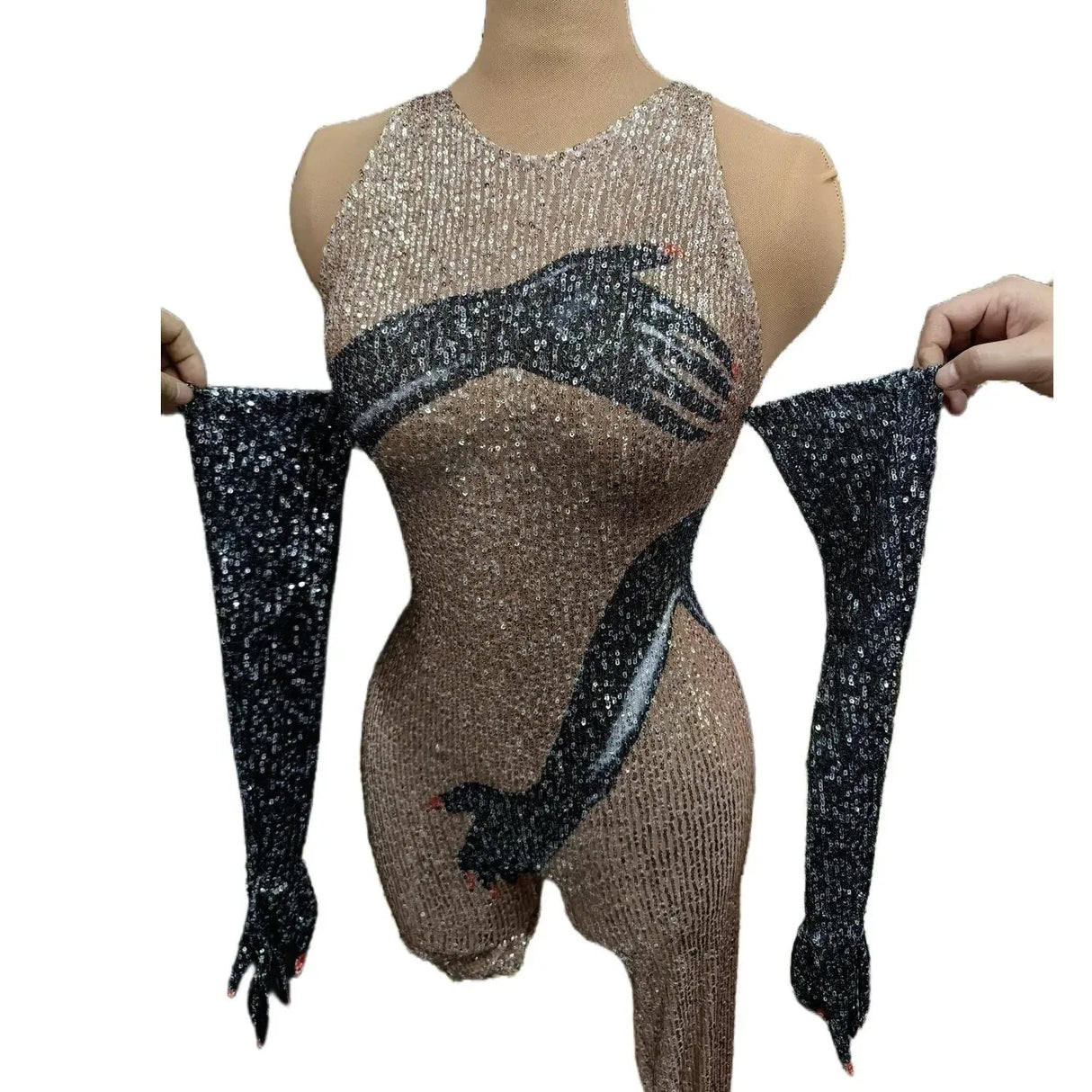 Black Hands Touch Shinny Body Sexy Women Jumpsuit Carnival Cosplay Female Bodysuit with Gloves Beyonce Dress Stage Wear