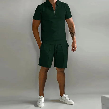 Summer New Solid Color Men's Sets High Street POLO Collar Short Sleeve Zip Fastener Pullovers Elastic Waist Pockets Y2K Shorts