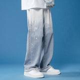 90s Retro Skater Oversized Pants Men Blue Wash Adjust-Waist Wide Leg Casual Brushed Baggy Jeans Y2k Hiphop Streetwear