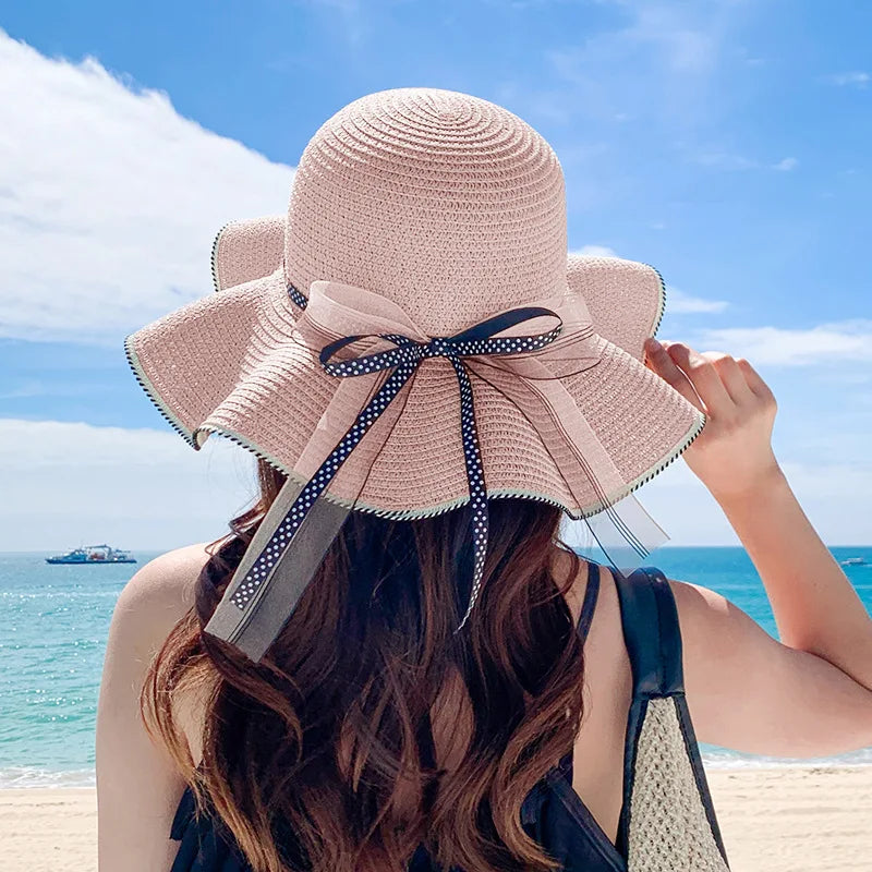 Summer Sun Hat for Women Beach Hat Women Flat Top Ribbon Bowknot Elegant Luxury Straw Women Summer Hats