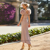 Elegant Mother of the Bride Dresses V Neck Short Sleeves Wedding Party Gowns Flowers Pleat Tea Length A-Line فساتين السهرة