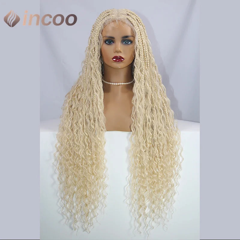 32" Full Double Lace Front Square Knotless Box Braided Wigs With Boho Curls Ends Box Braids Wig With Baby Hair Synthetic Wig 1B