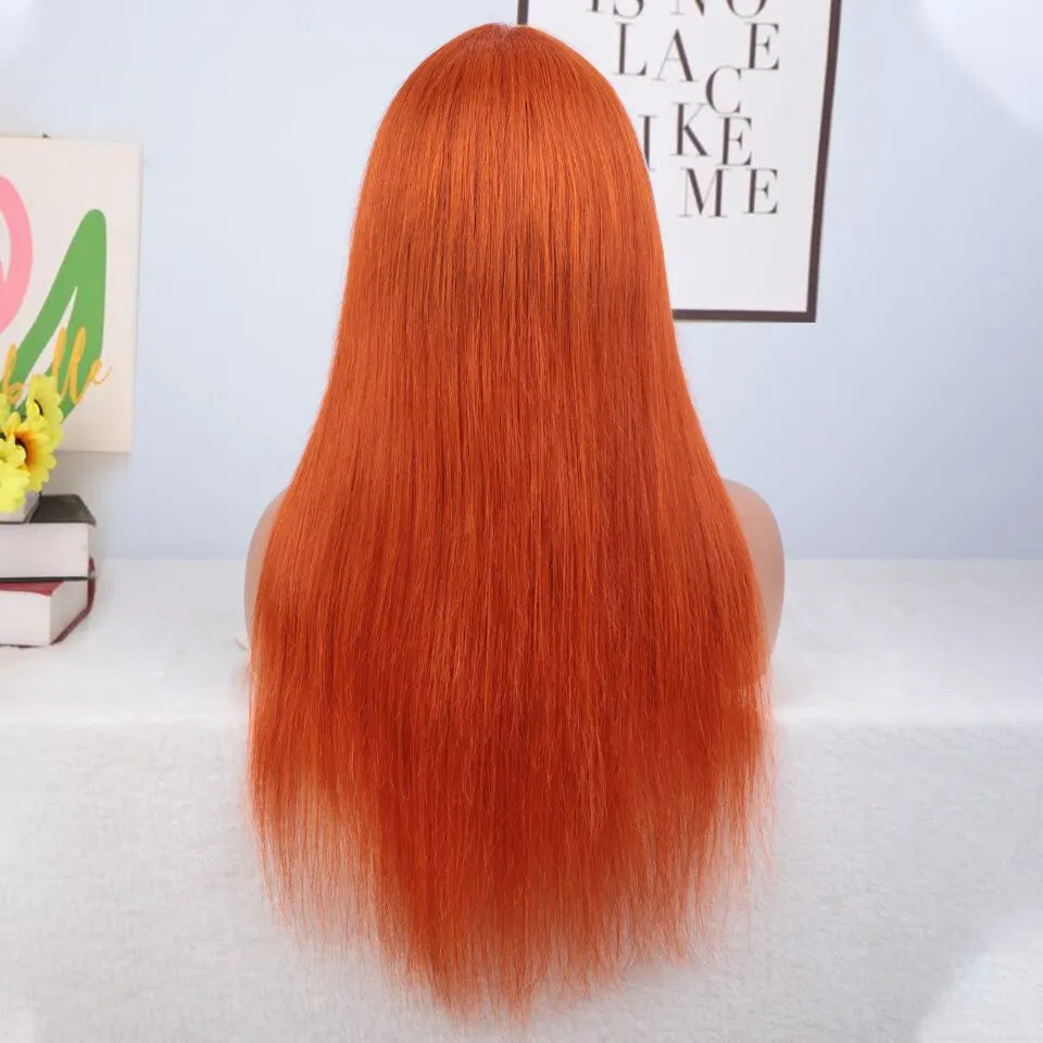 Orange Color Wig With Bangs Straight Hair Brazilian Straight Human Hair Wigs With Bangs Remy Full Machine Made Human Hair Wigs