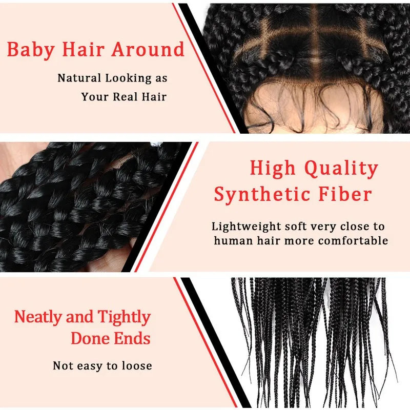 36" Full Lace Braided Wigs Synthetic Long Black Braided Wigs With Baby Hair 360 Lace Front Box Braids Wig Black Mix Burgundy Wig