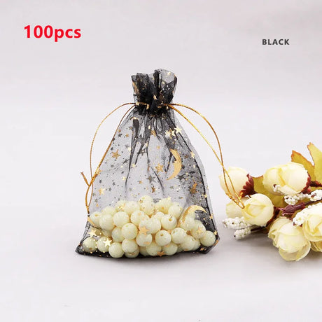 100pcs/lot Moon Star Organza Bags 7x9cm Small Christmas Drawstring Gift Bag Charm Jewelry Boxes Organizer Packaging Bags Pouches